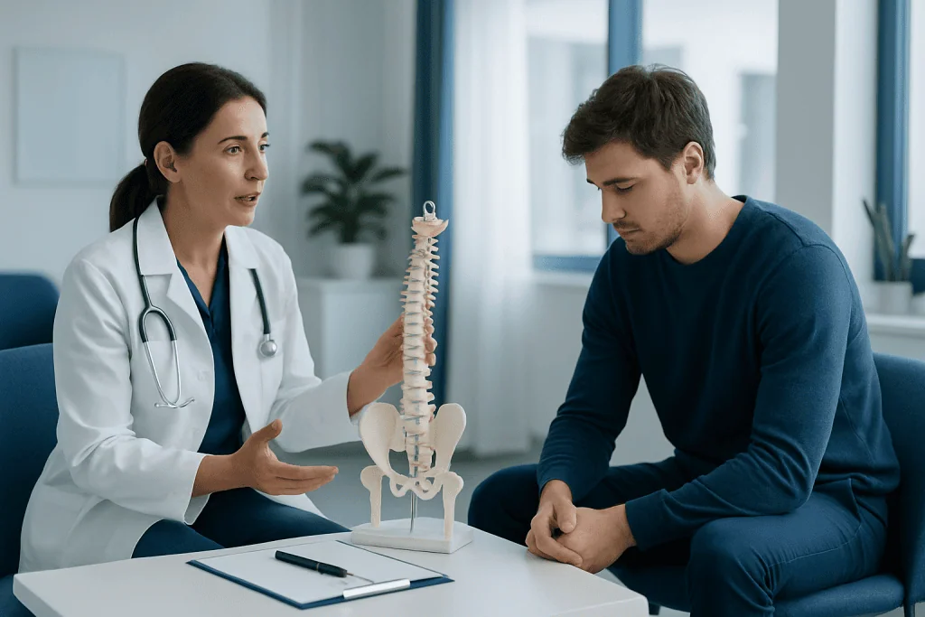 Doctor explaining spinal health to a patient with spine model in clinic.