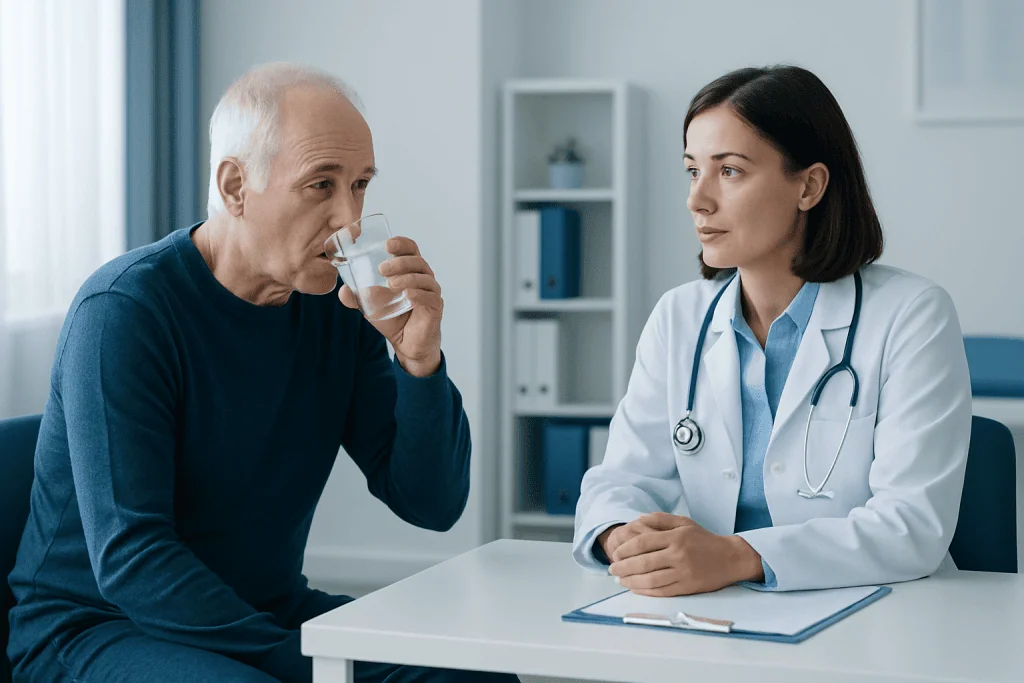 Elderly man drinking water during medical consultation at Acibadem Hospital.