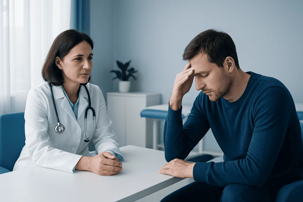 Doctor consulting with a patient about health concerns in a medical office.