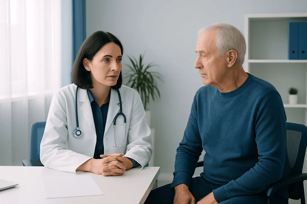 Doctor consulting with an elderly male patient in a medical office.