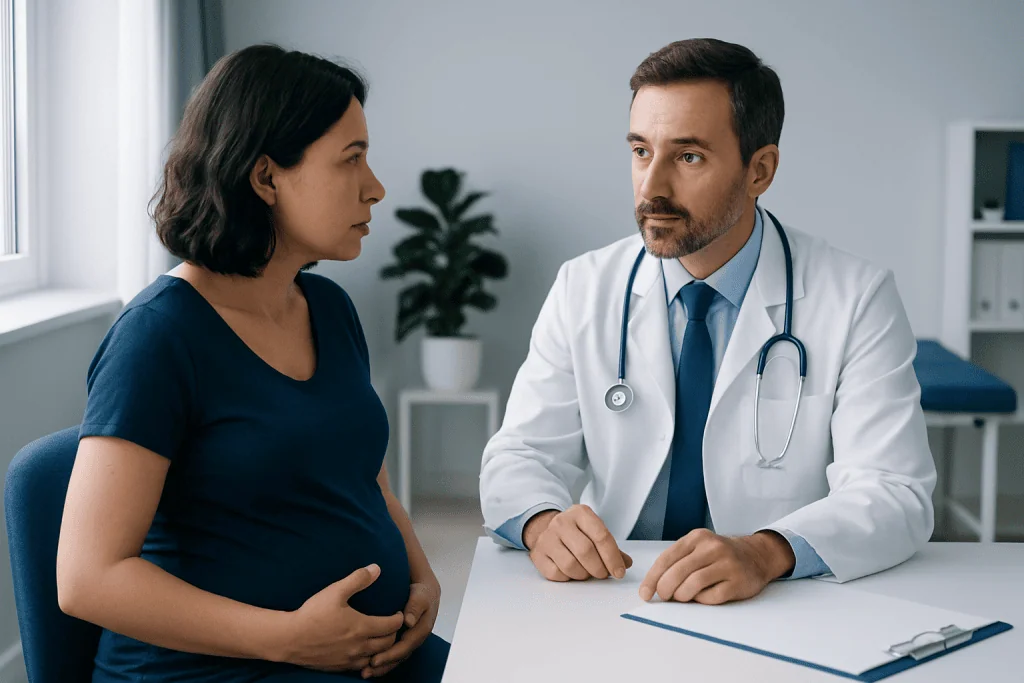 Doctor consulting pregnant woman in a medical office for patient care.
