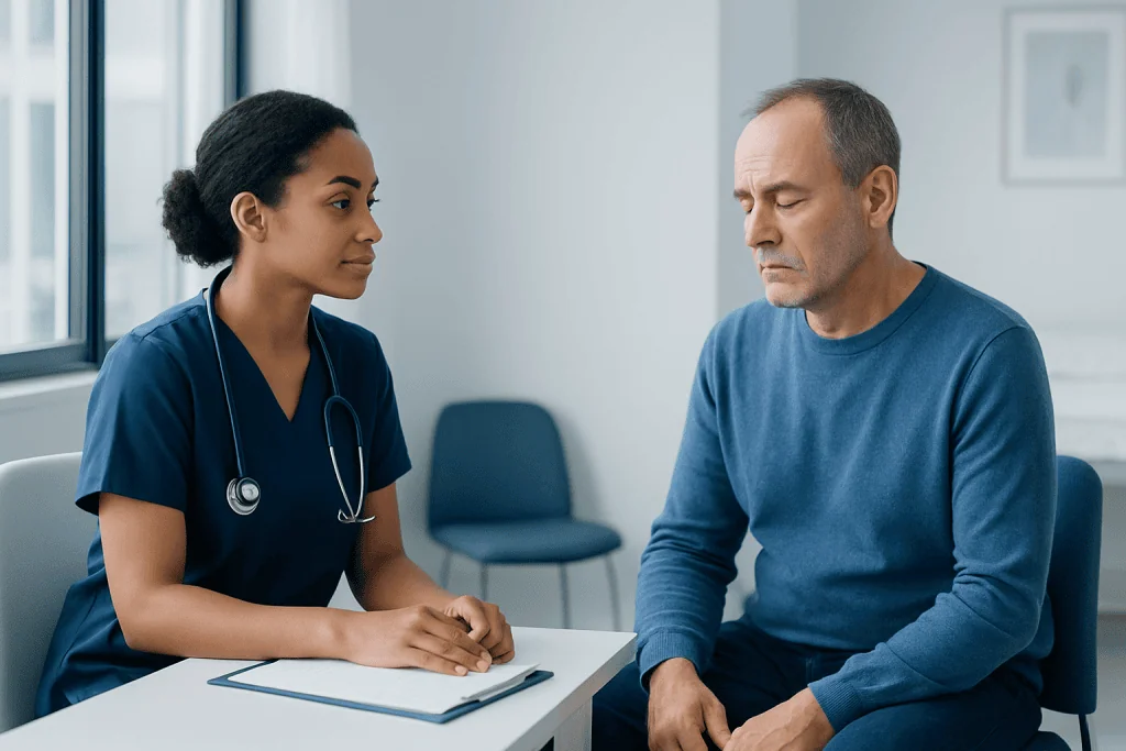 Doctor consulting with a patient in a medical office setting.