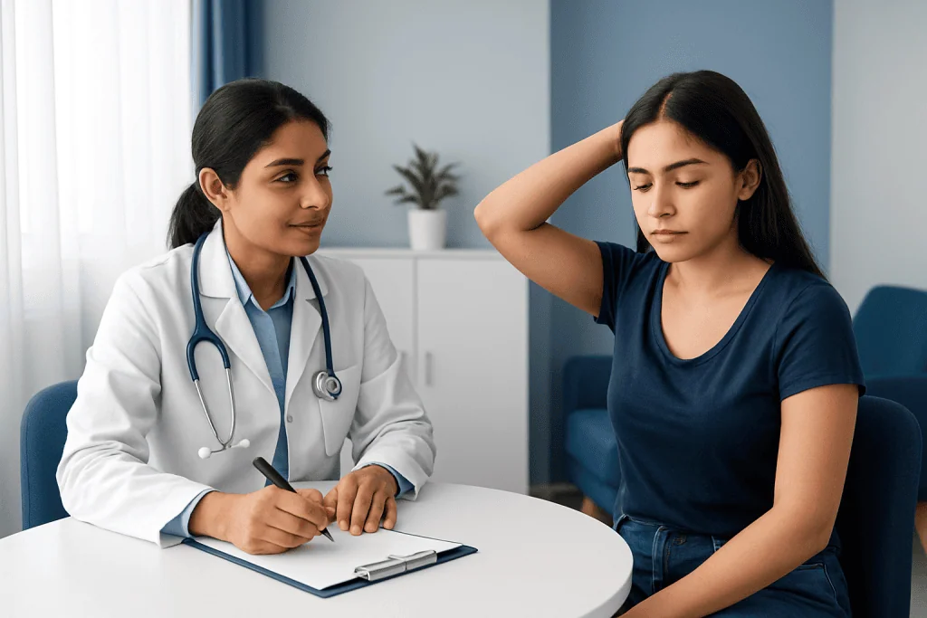 Doctor consulting with a young woman about underarm skin concerns.