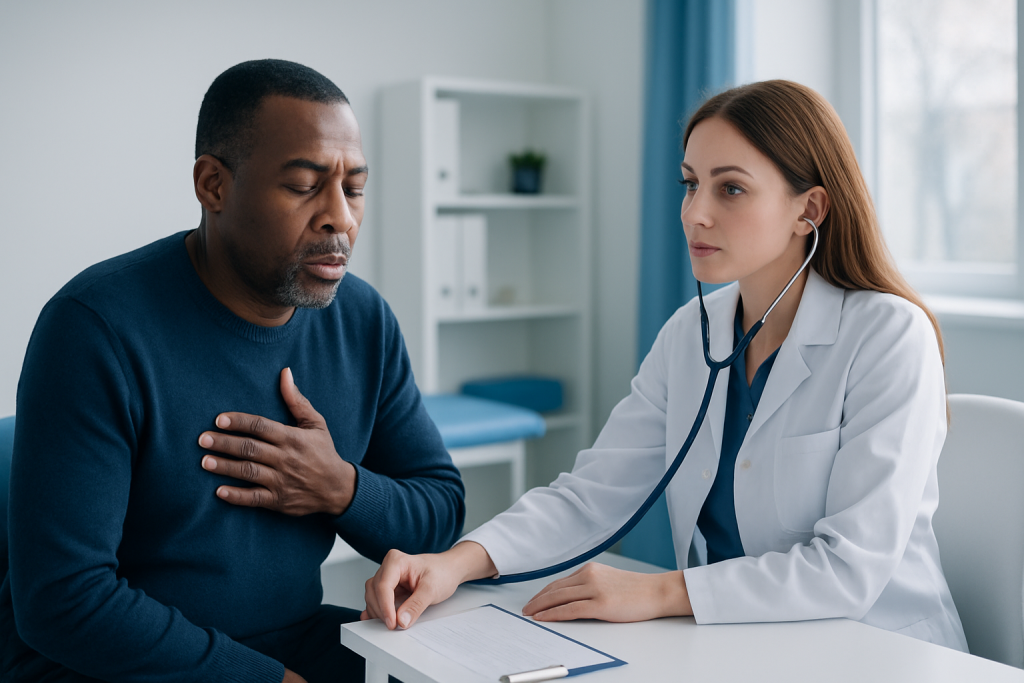 Doctor listening to patient's lung sounds with stethoscope in clinic.