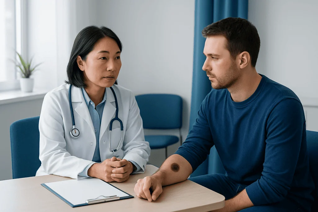Doctor consulting with male patient about wound care in clinic.