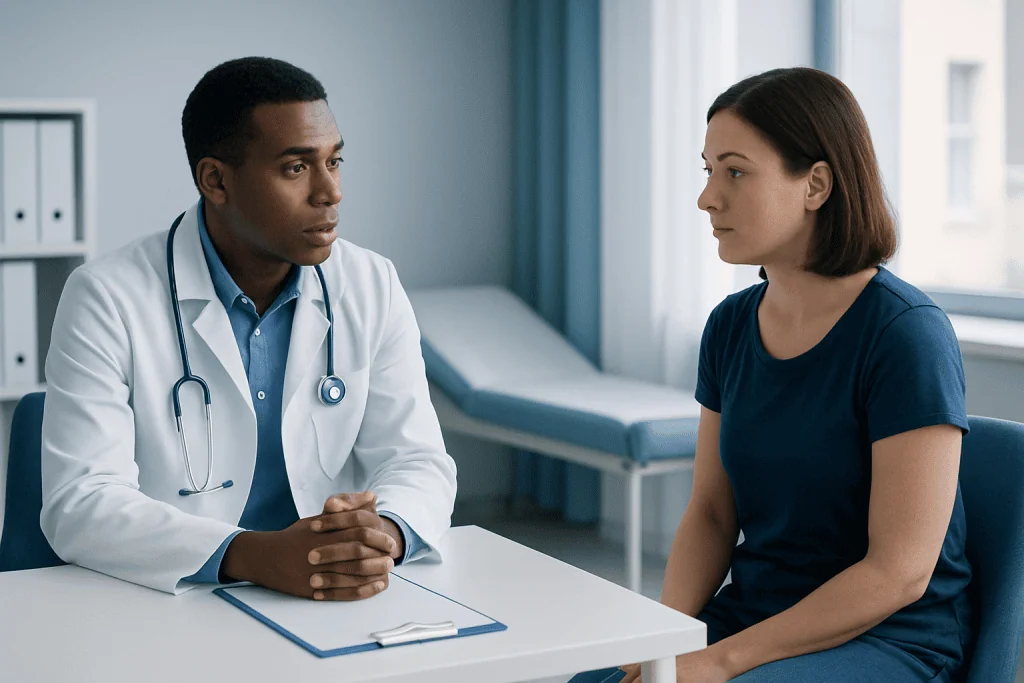 Doctor consulting with a female patient in a medical office.