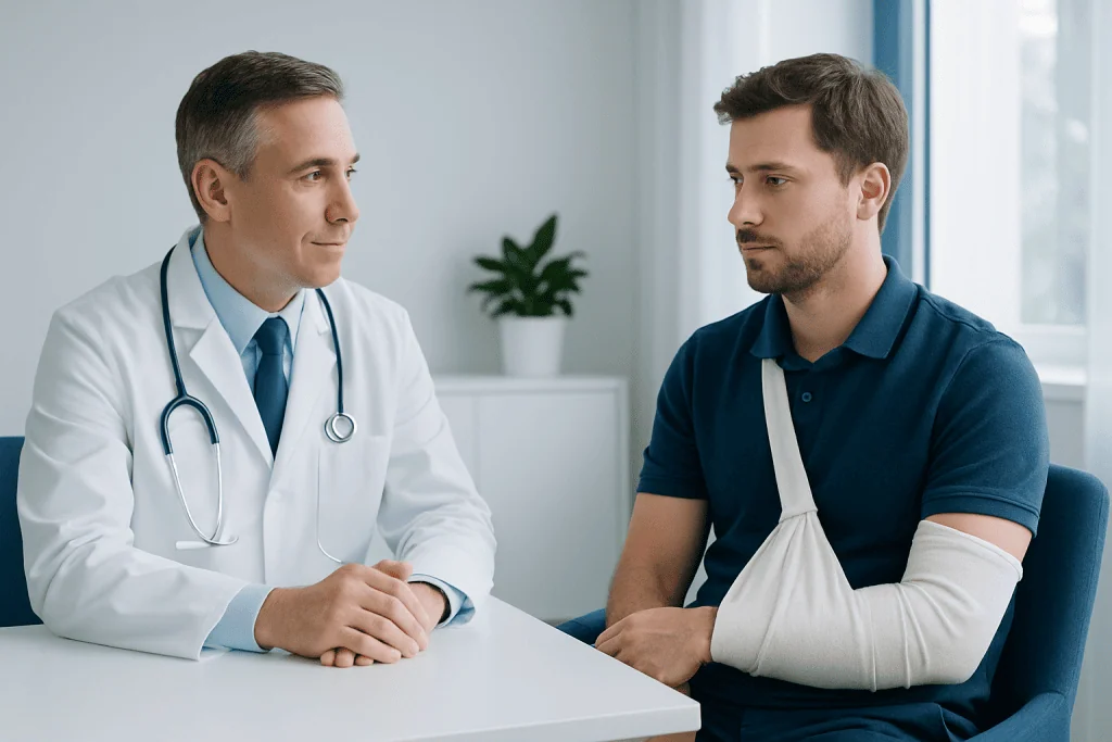 Doctor consulting with a patient with a broken arm in a medical office.