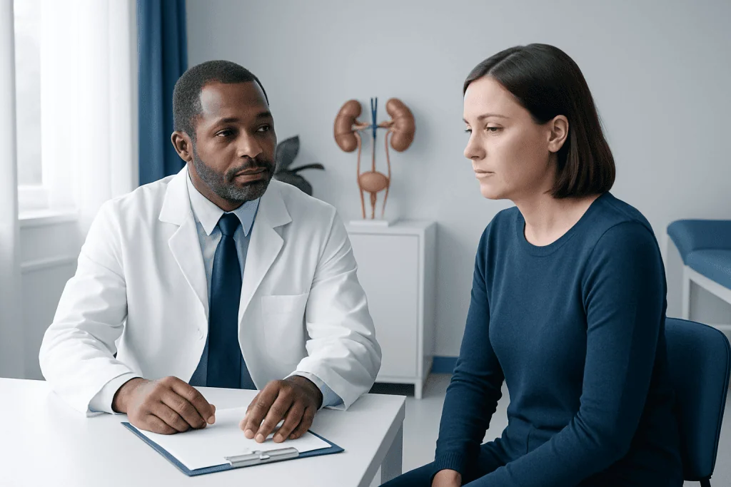 Doctor consulting female patient in a medical office setting.
