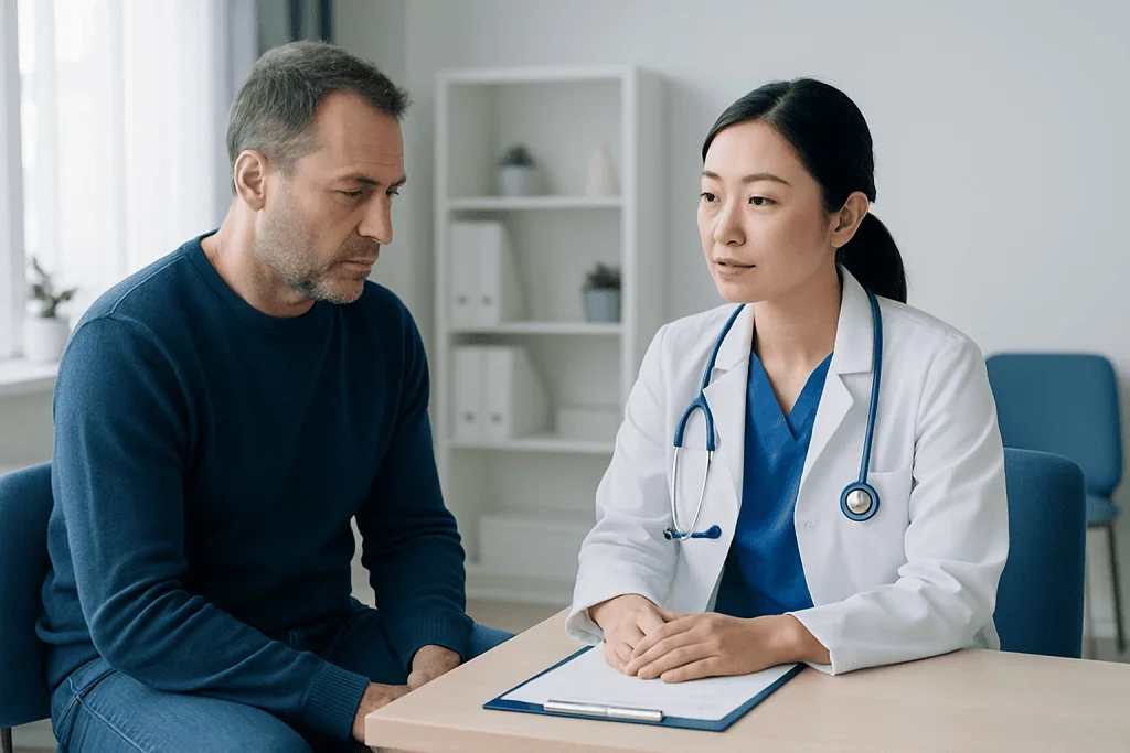 Doctor consulting with male patient in a medical office setting.