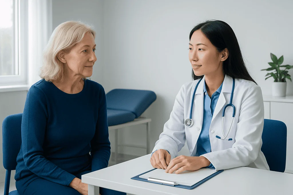 Doctor consulting with an elderly woman in a medical office.