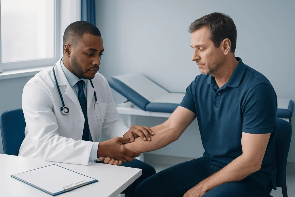 Doctor examining patient's arm in a medical consultation room.