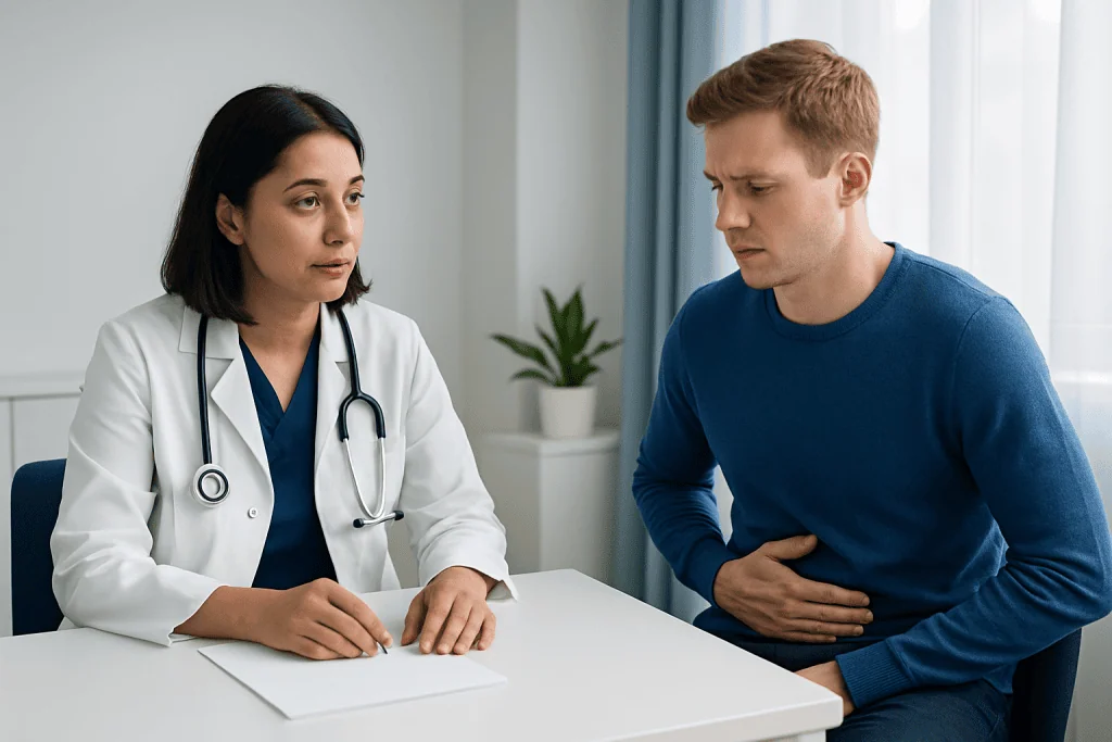 Doctor consulting with a patient about digestive health issues.