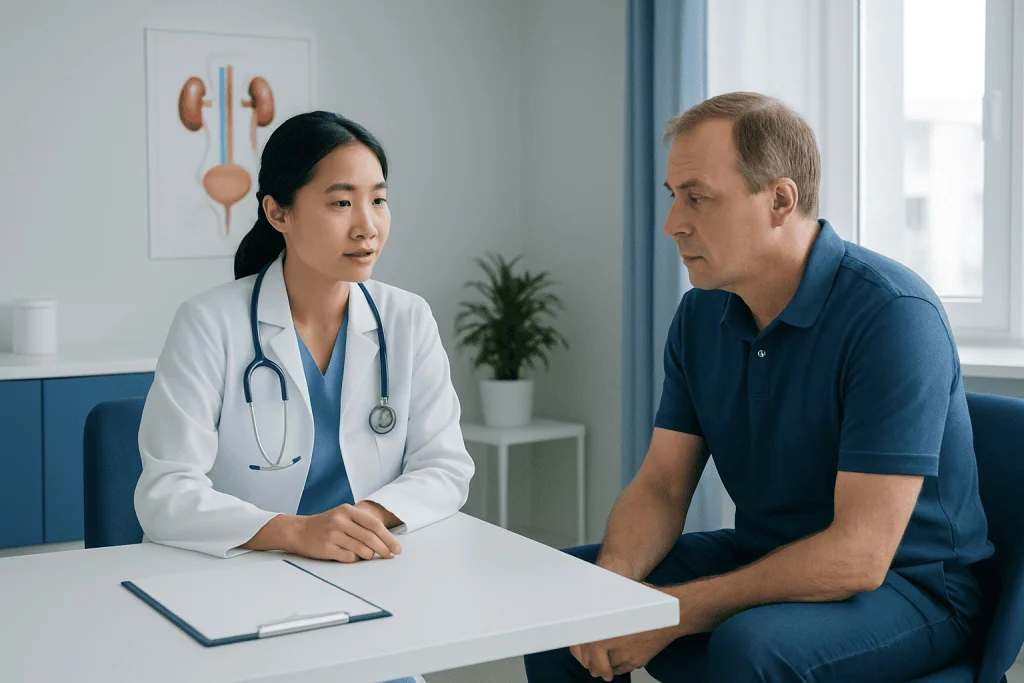 Doctor consulting male patient in a medical office at Acibadem Hospitals Group.