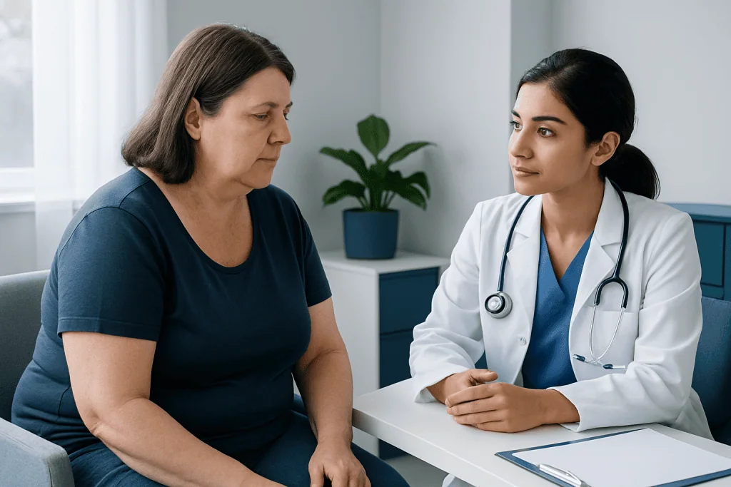 Doctor consulting with a female patient in a medical office.
