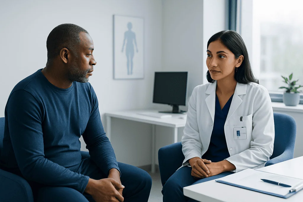 Doctor consulting with patient in a modern medical office setting.