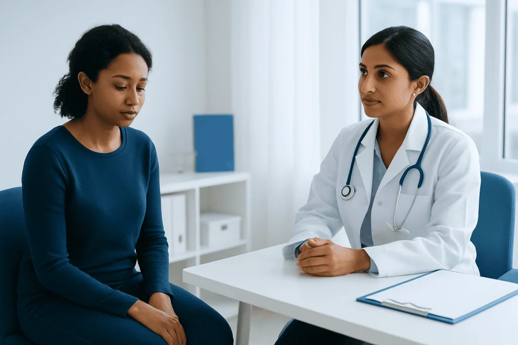 Doctor consulting with a patient in a medical office setting.