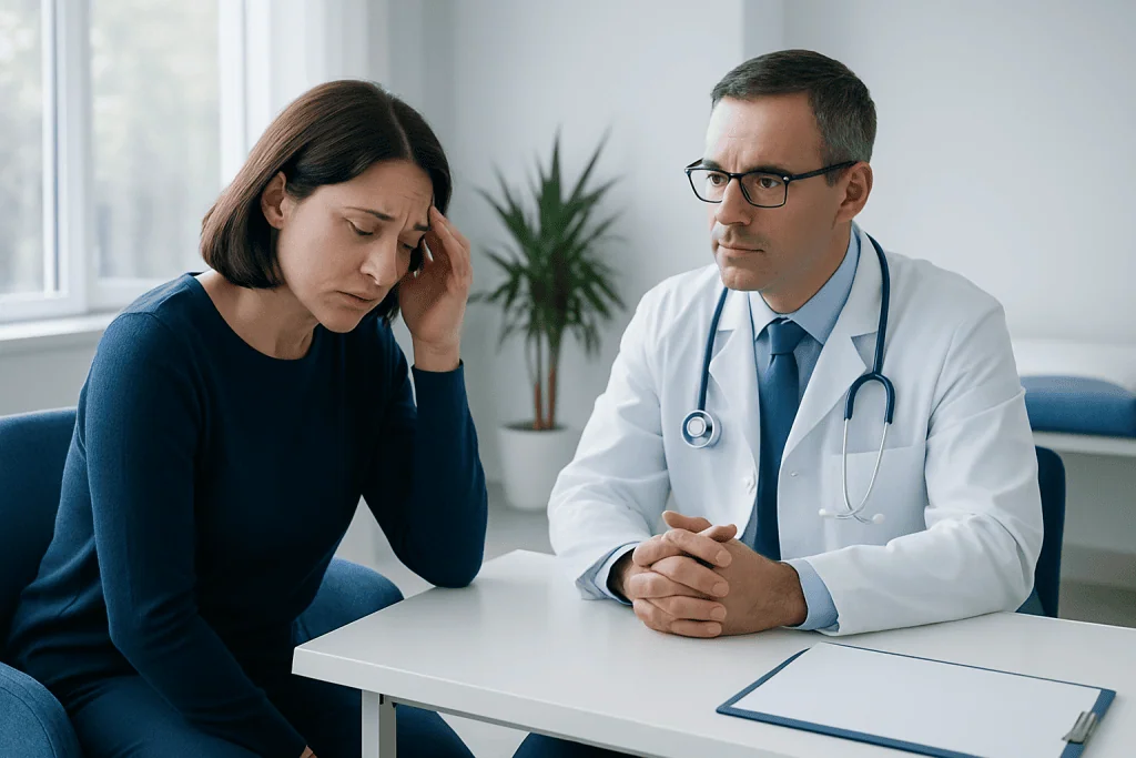 Doctor consulting with a woman experiencing dizziness or headache symptoms.
