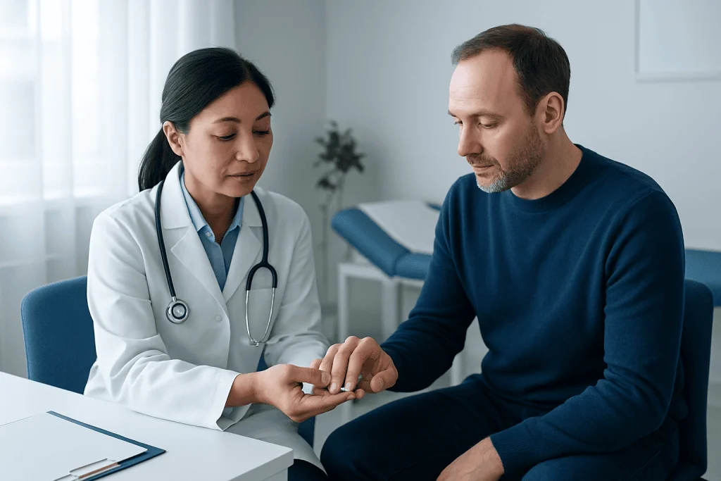 Doctor examining patient's finger in a medical consultation at Acibadem Hospital.