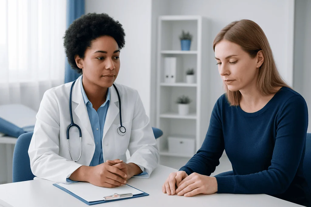 Doctor consulting with a patient about brittle nails in a clinical setting.