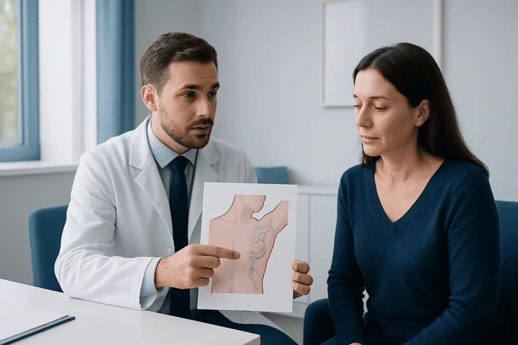 Doctor explaining lymph glands in armpits to patient with diagram.