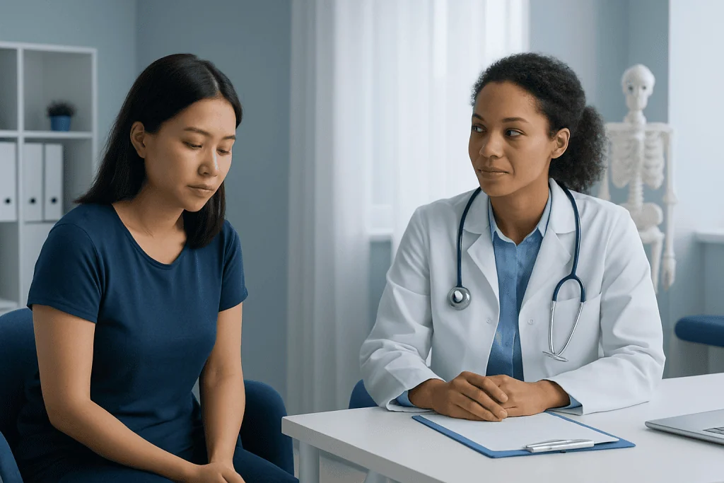 Doctor consulting with a patient about menstrual health in a clinical setting.