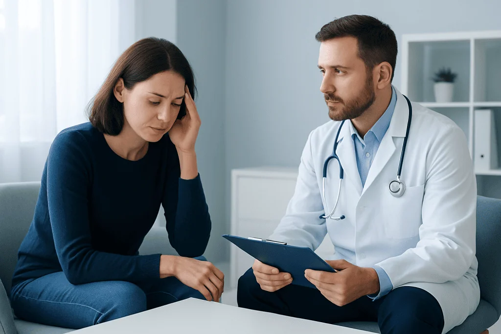 Doctor consulting with a distressed woman in a medical office.