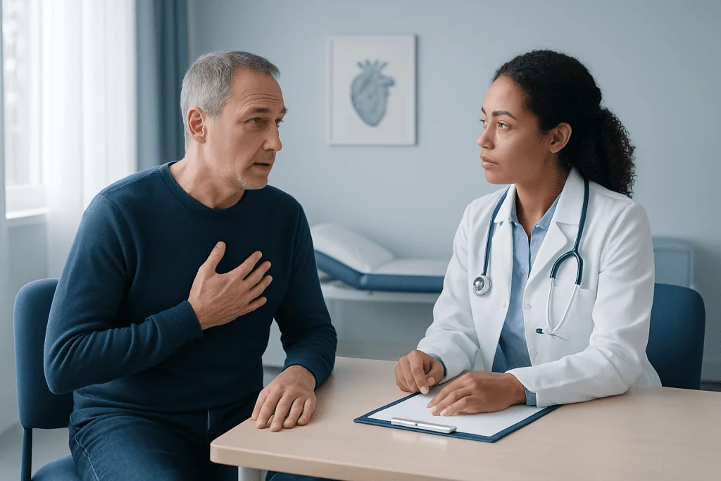 Doctor consulting with a patient about heart health in a hospital room.