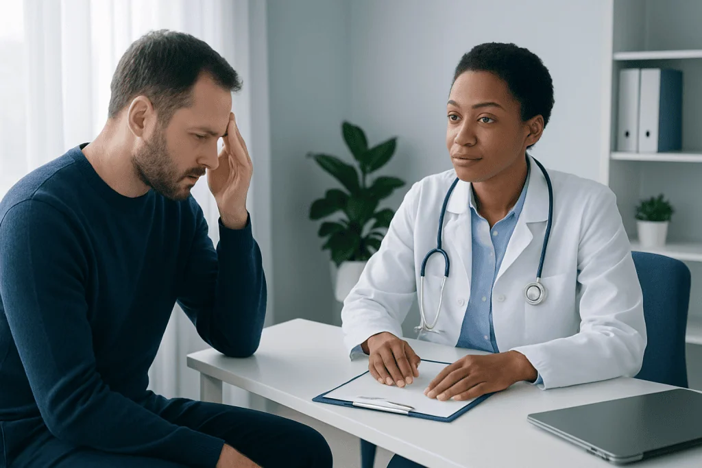 Patient consulting with doctor about health concerns in a medical office.