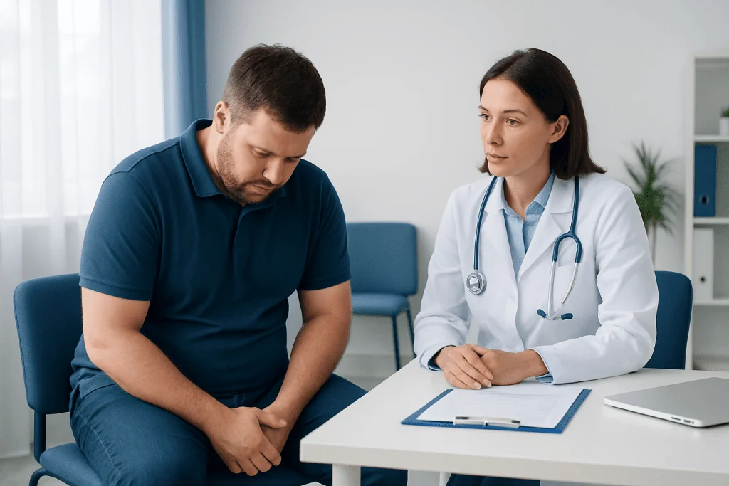Doctor consulting male patient about penile itching symptoms in clinic.