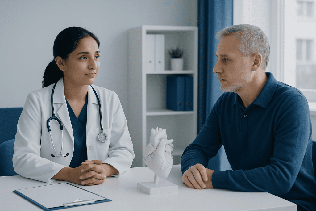 Doctor and patient discussing heart health in a medical consultation room.