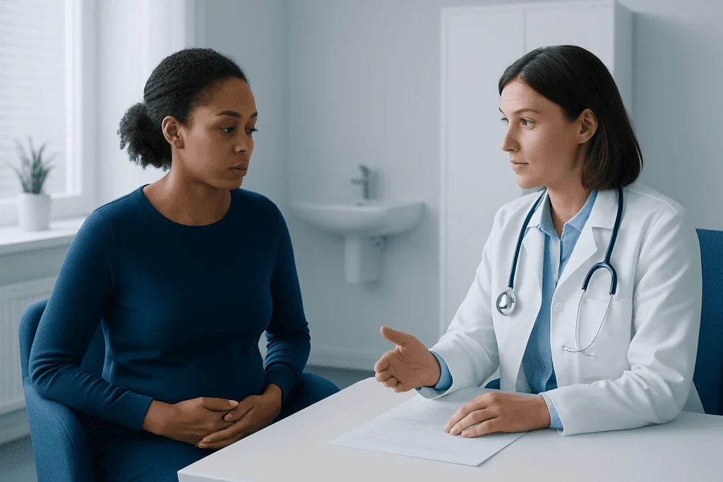 Doctor consulting with a patient about bowel health in a medical office.