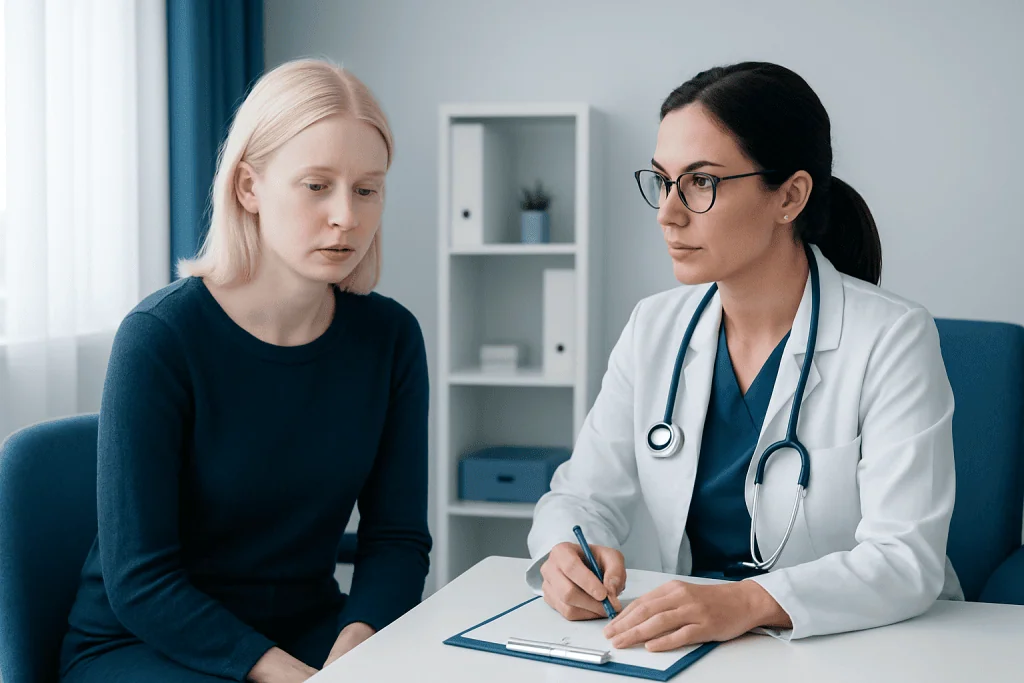 Doctor consulting with a patient in a medical office setting.