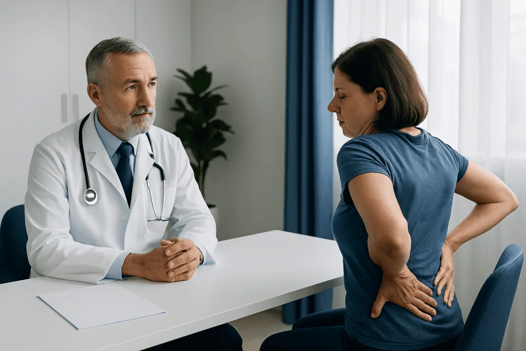 Doctor consulting with a patient experiencing lower right back pain.