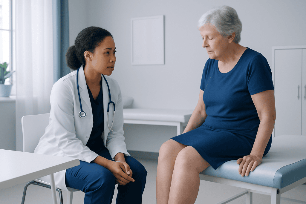 Doctor consulting with an elderly woman about leg edema in a clinical setting.