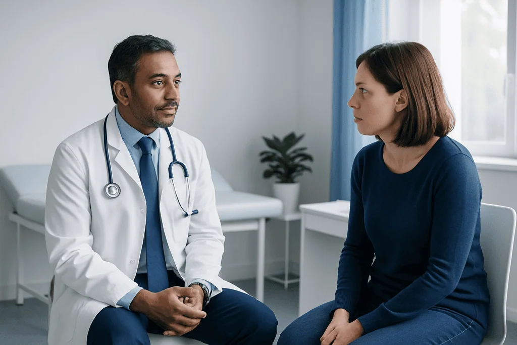 Doctor consulting with a female patient in a medical office.