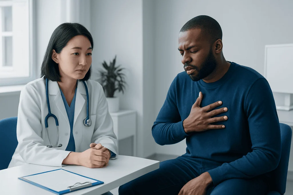 Doctor consulting with patient experiencing chest pain in a hospital setting.