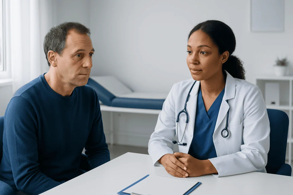Doctor consulting with a male patient in a medical office setting.