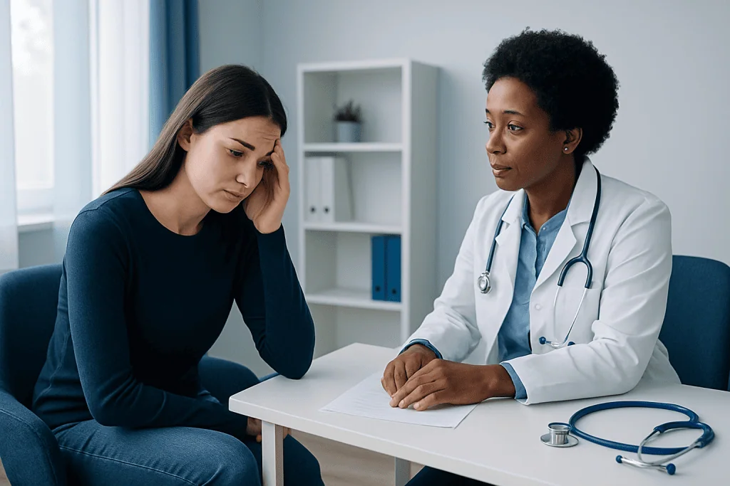 Doctor consulting with a young woman about health concerns in a medical office.