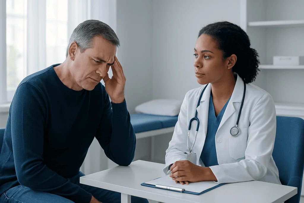 Doctor consulting with a patient experiencing vertigo symptoms.