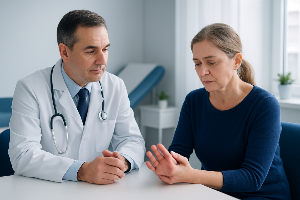 Doctor consulting with a female patient about her health in a clinic setting.