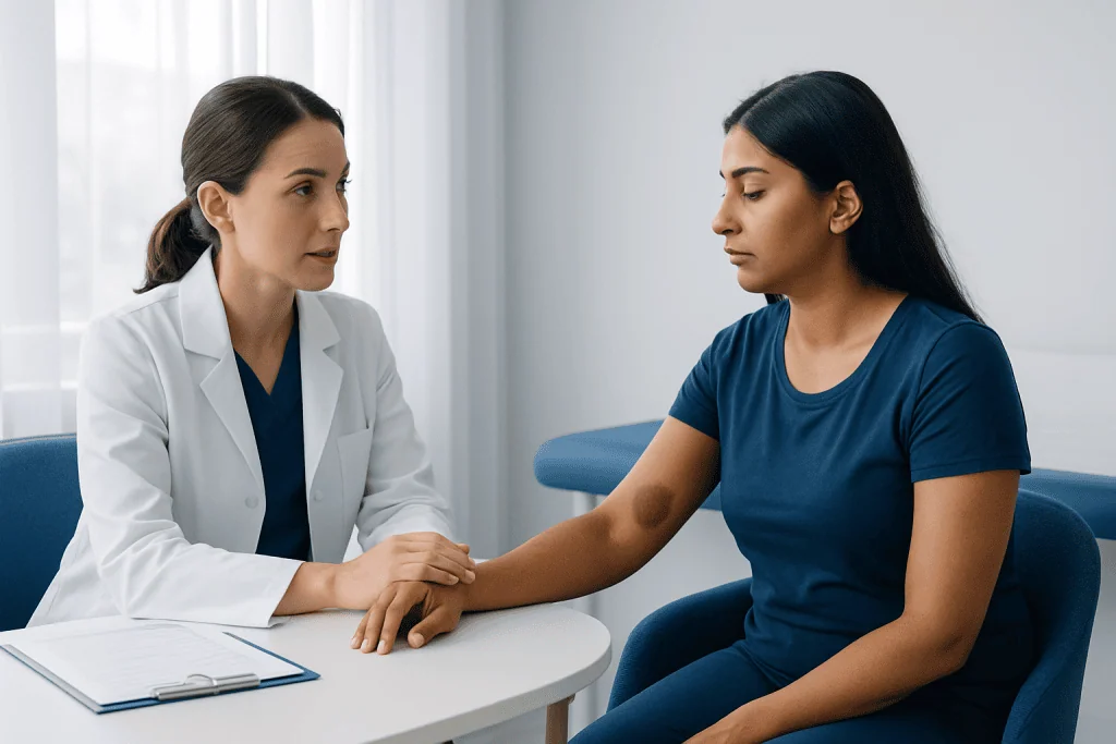 Doctor examining patient's skin in a clinical consultation setting.