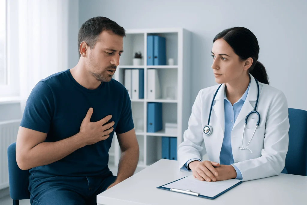 Patient consulting with doctor about chest pain in a medical office.
