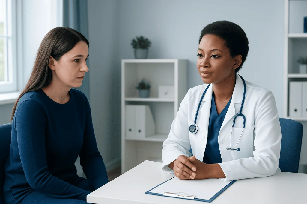 Doctor consulting with a patient in a modern medical office.