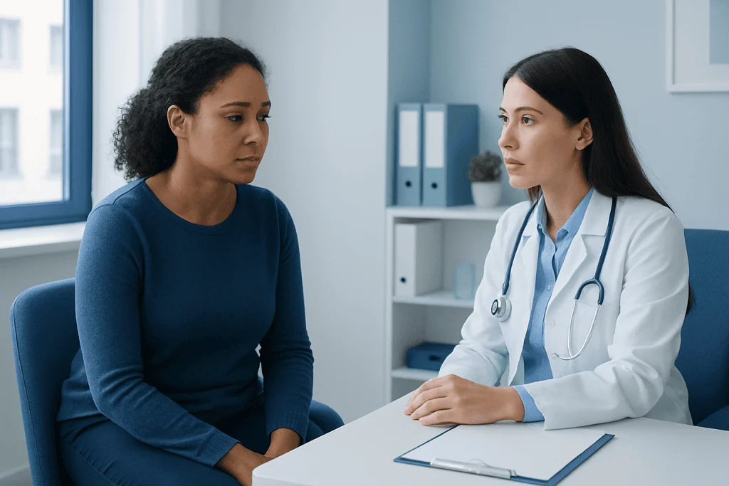 Doctor consulting with a patient in a modern medical office.