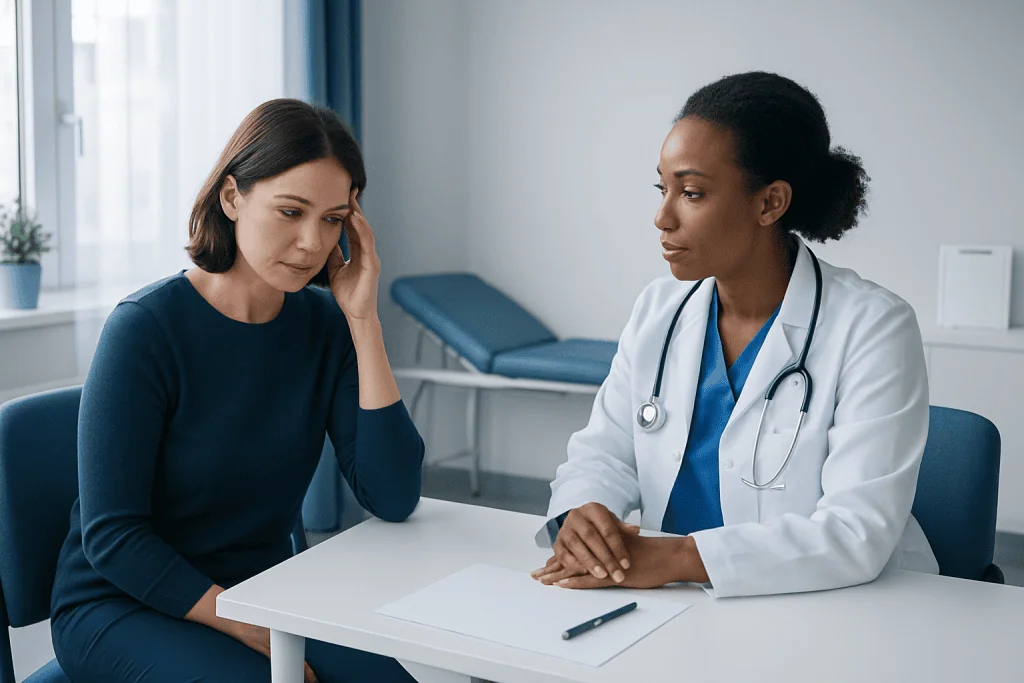 Patient consulting with doctor about side effects at Acibadem Hospital.
