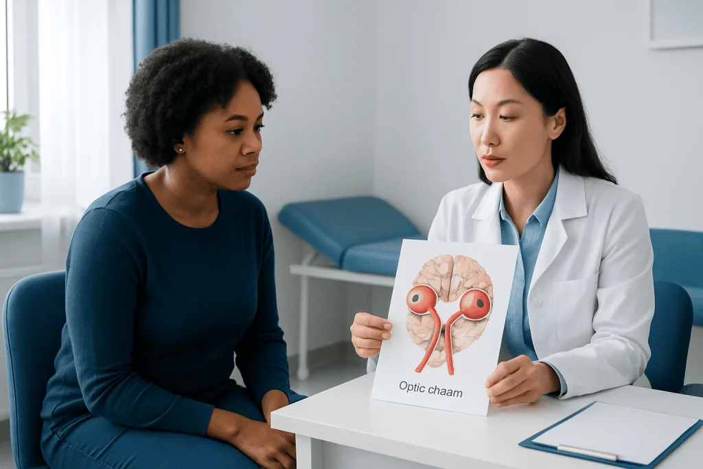 Doctor explaining optic chiasm to patient with brain diagram.