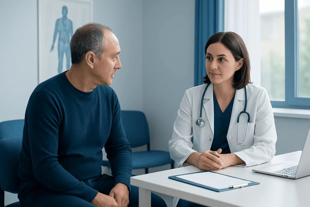 Doctor consulting with a patient in a modern hospital room.