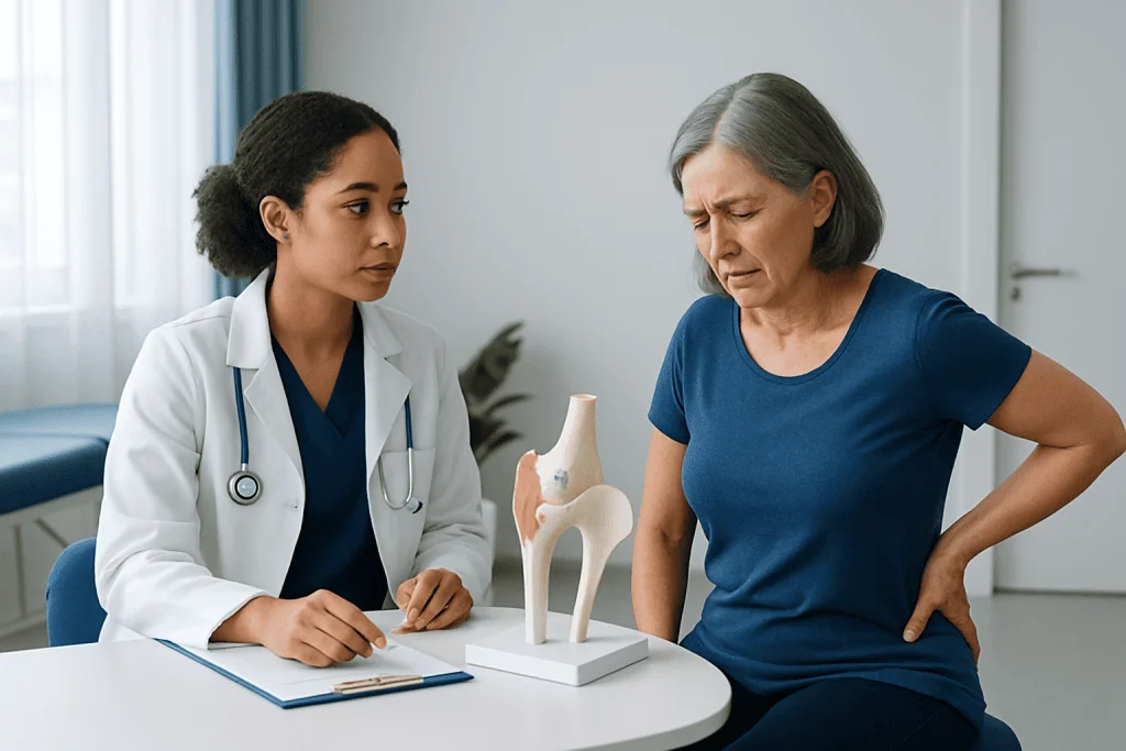 Doctor explaining hip joint issues to a patient with a model of the hip joint.