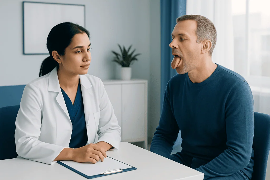 Doctor examines patient's tongue for health assessment.