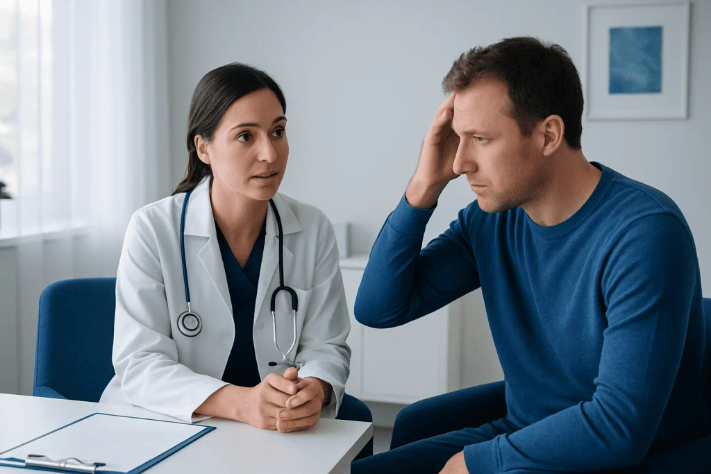 Doctor consulting with a patient about head injury symptoms in a clinic setting.